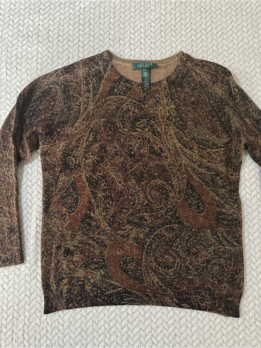 Lauren Ralph Lauren Silk Cashmere Blend Sweater Womens P/L Brown Paisley Y2K